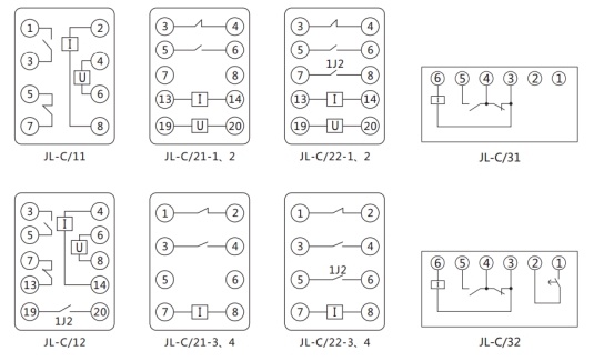 JL-C/12反時(shí)限電流繼電器內(nèi)部接線(xiàn)及外引接線(xiàn)圖（正視圖）