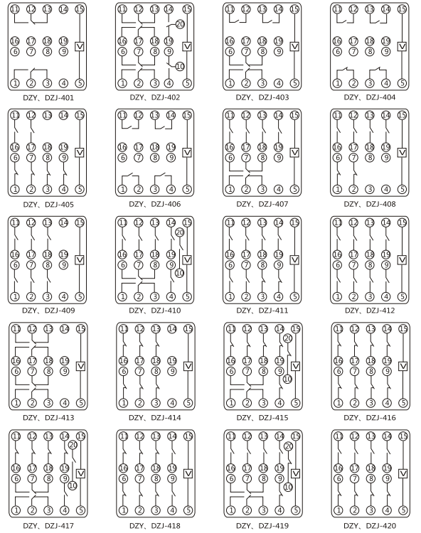 DZY（J)-403導(dǎo)軌式中間繼電器內(nèi)部端子外引接線圖(正視)