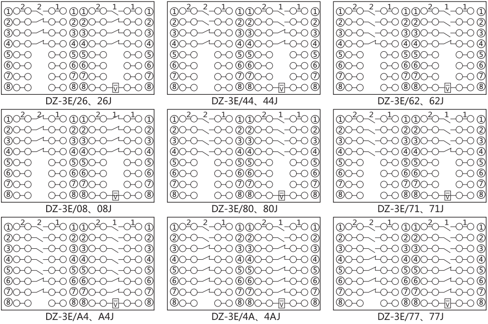 DZ-3E/4A（J)中間繼電器內(nèi)部接線圖及外引接線圖