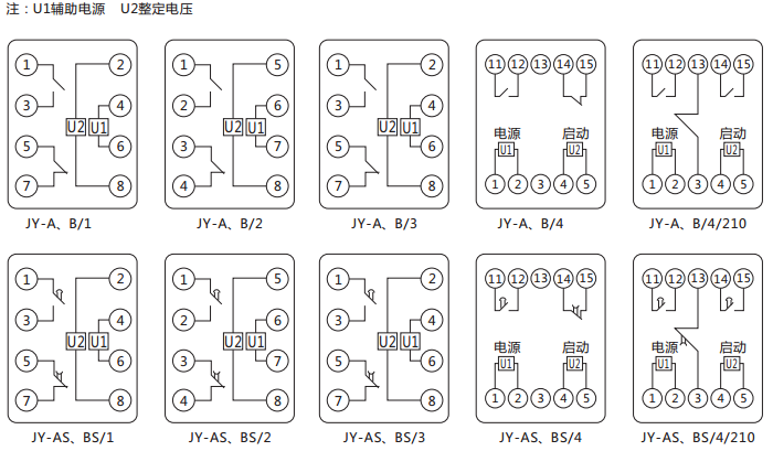 JY-B/4集成電路電壓繼電器內(nèi)部接線及外引接線圖